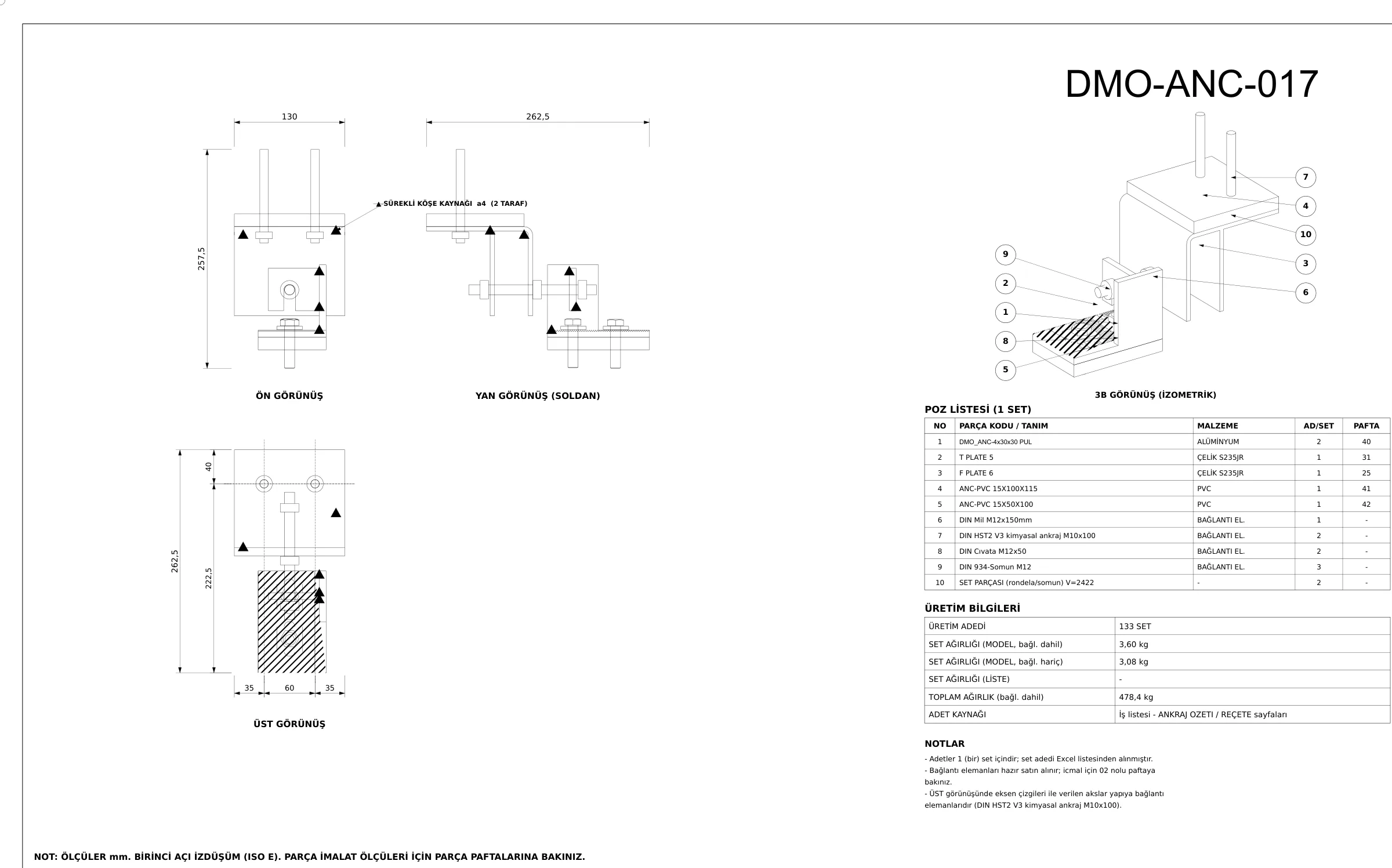 Front, side and top views of an anchor set, its 3D isometric, item list and production data. From a real job; project, client and personal details removed.