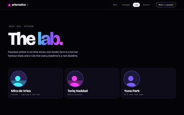 Prism — About page, first screen on desktop
