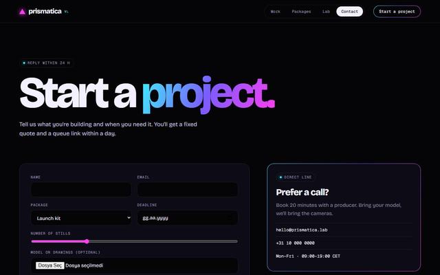 Prism — Contact page, first screen on desktop
