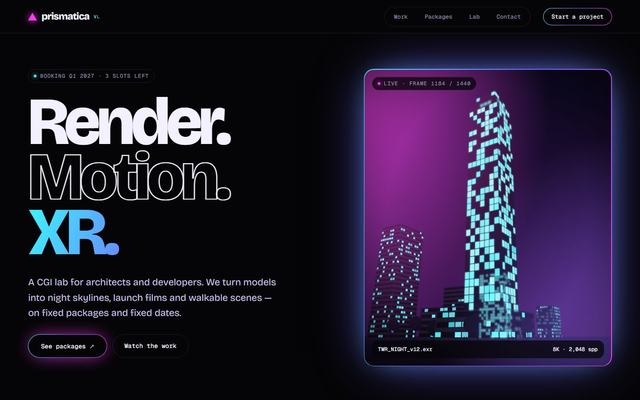 Prism — Home page, first screen on desktop
